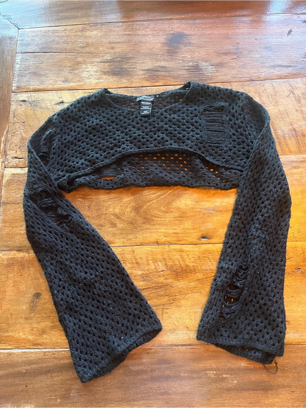 Black Distressed Cropped Knit Top with Flared Sleeves